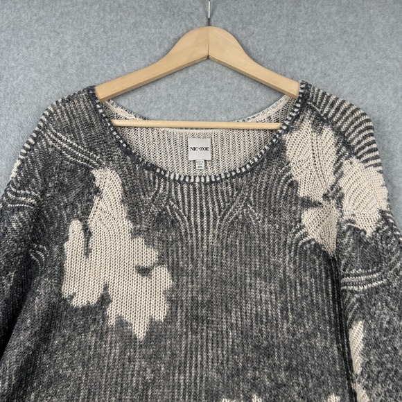 NIC+ZOE Sweater Womens 2X Gray Beige Floral Knit Oversized Pullover Neutral Plus - Picture 2 of 8
